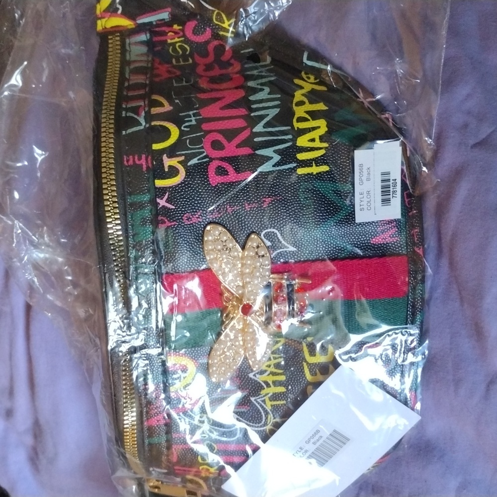 Jeweled bee graffiti print black waist pack NWT